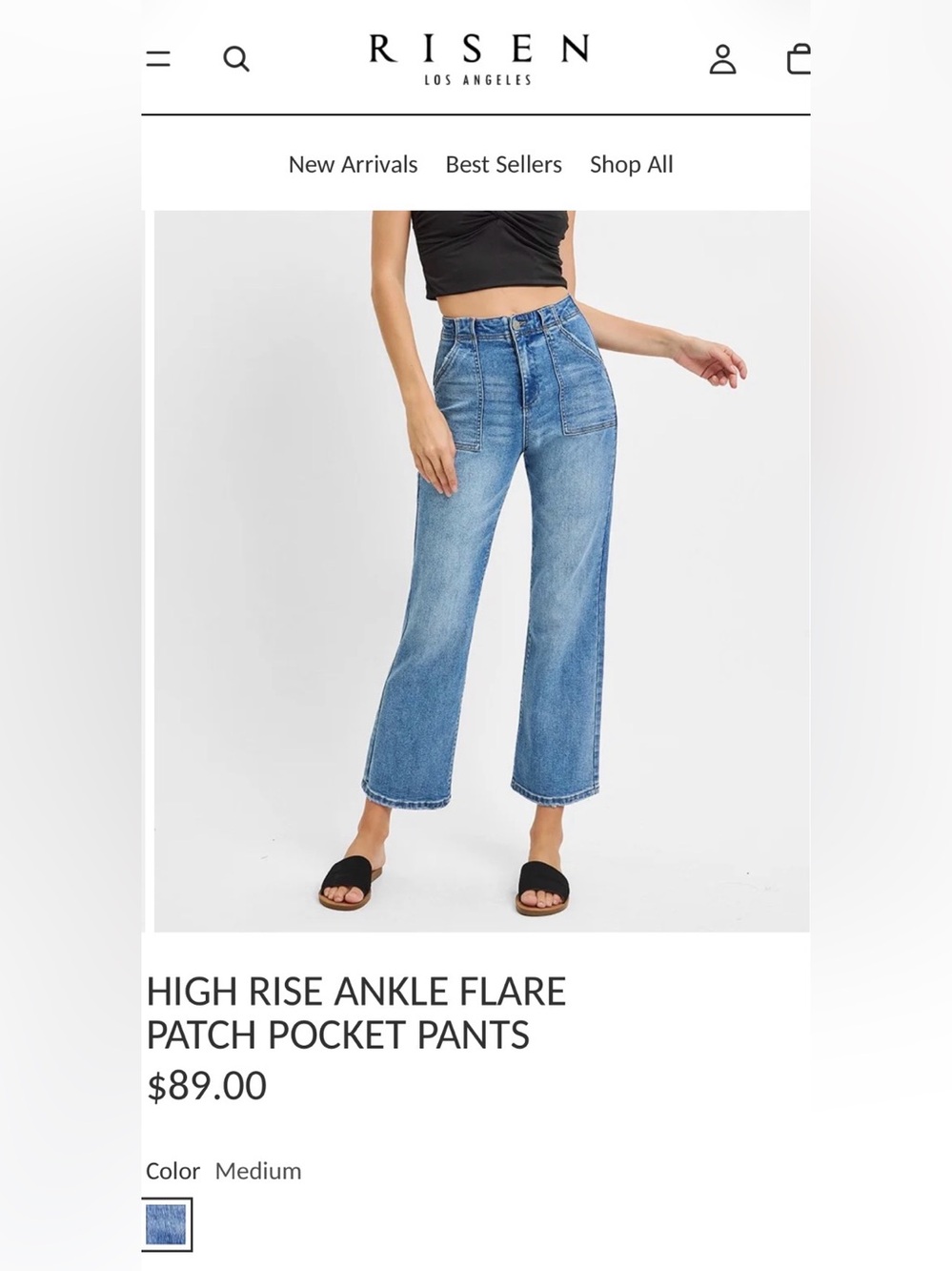 Risen High-Rise Ankle Flare Patch-Pocket Jeans — Medium Blue Sz 1/25 - Picture 3 of 9